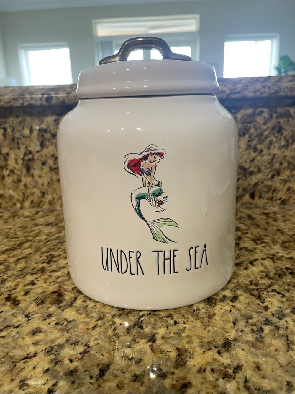 Rae Dunn White Ceramic 'Under The Sea' Mermaid Canister with Black Lid Accent